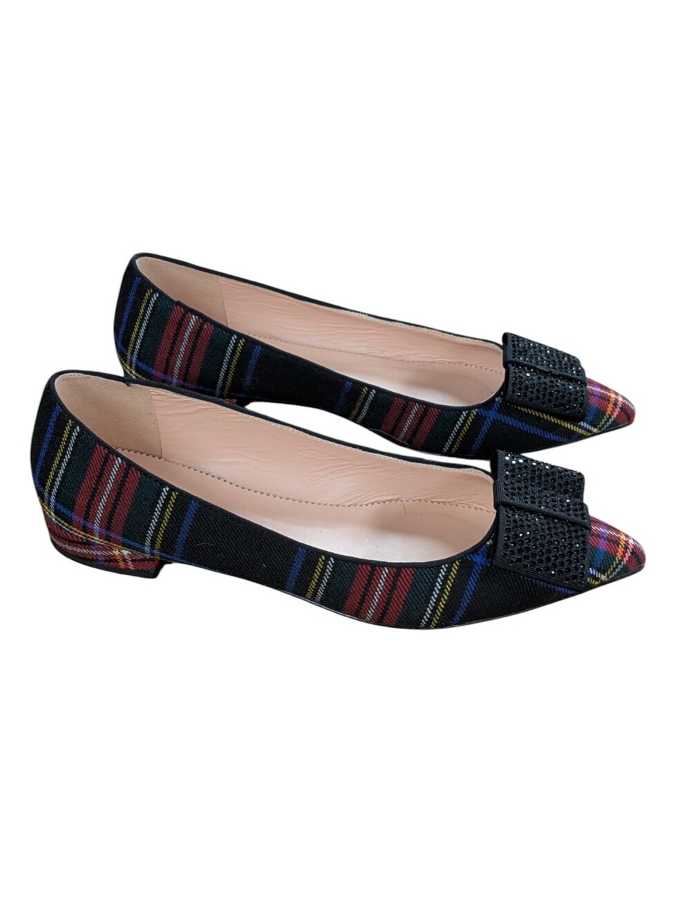 J. Crew Tartan Plaid Rhinestone Bow Pointed Toe Flats Size 8.5 - Picture 4 of 12